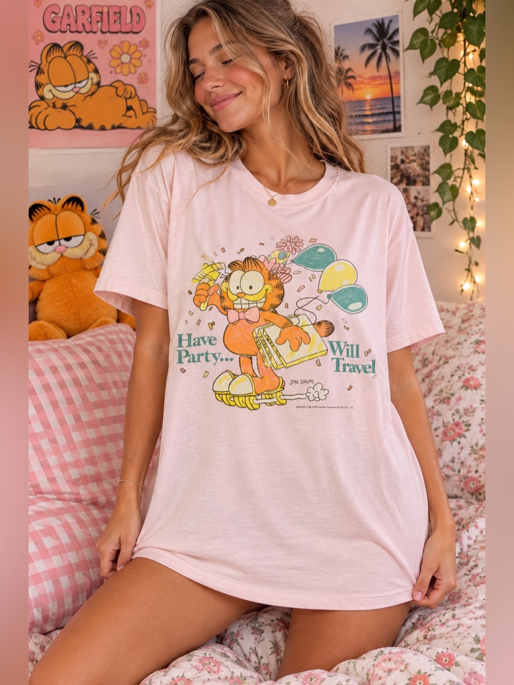 Vintage Garfield Have Party Will Travel Pink Sleep Shirt Nightgown Pajamas M L